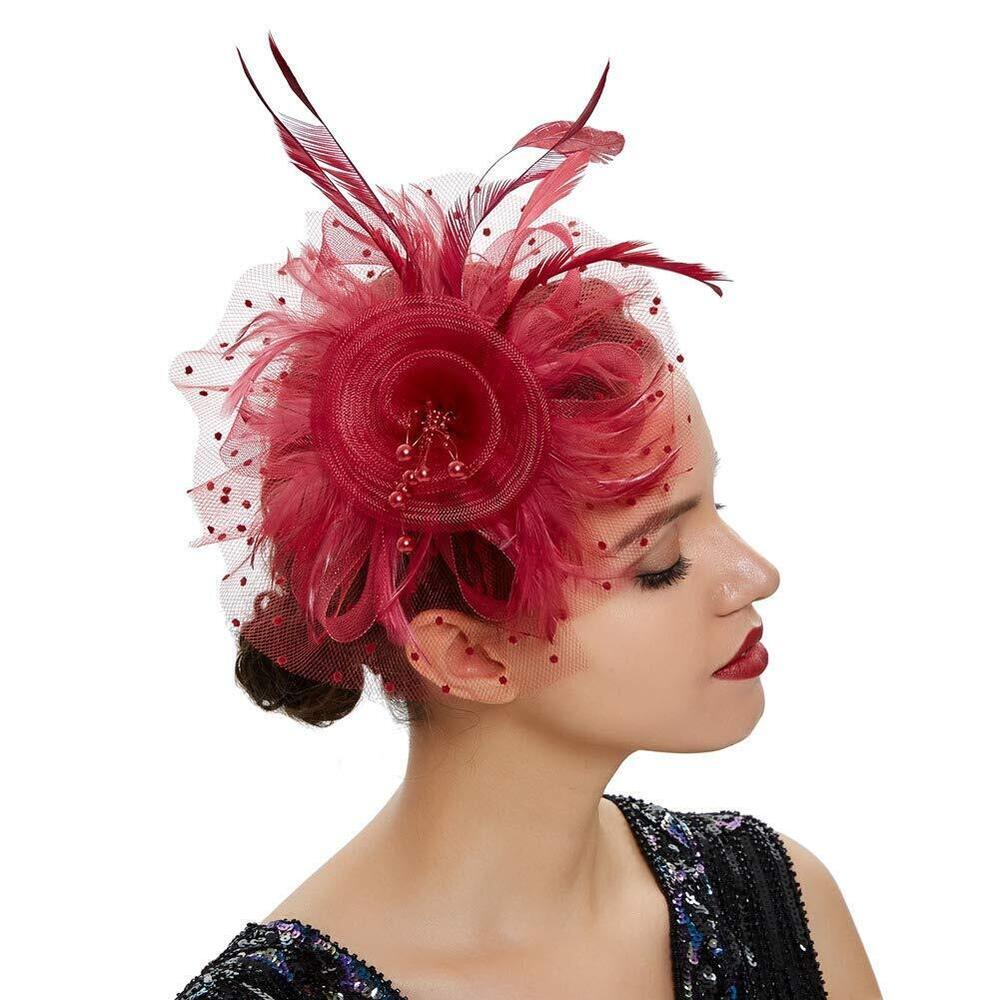 4149 1920s Women's Burgundy Fascinator Feather Kentucky Tea Party Hat With - Picture 1 of 7